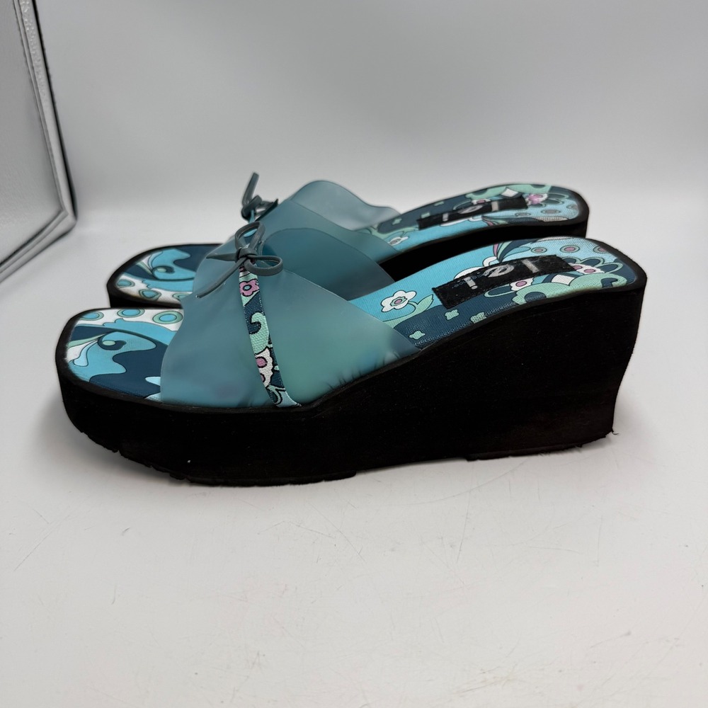 L.E.I. Vintage Y2K Platform Chunky Wedge Sandals Blue Floral Jelly Bratz Style